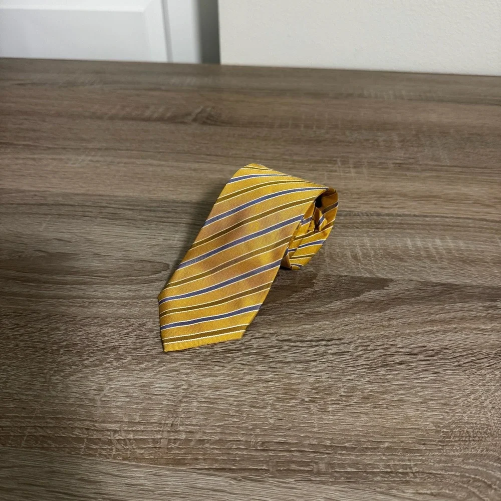 Hugo Boss Mens Silk Tie Yellow Blue Brown Striped Made in Italy Necktie